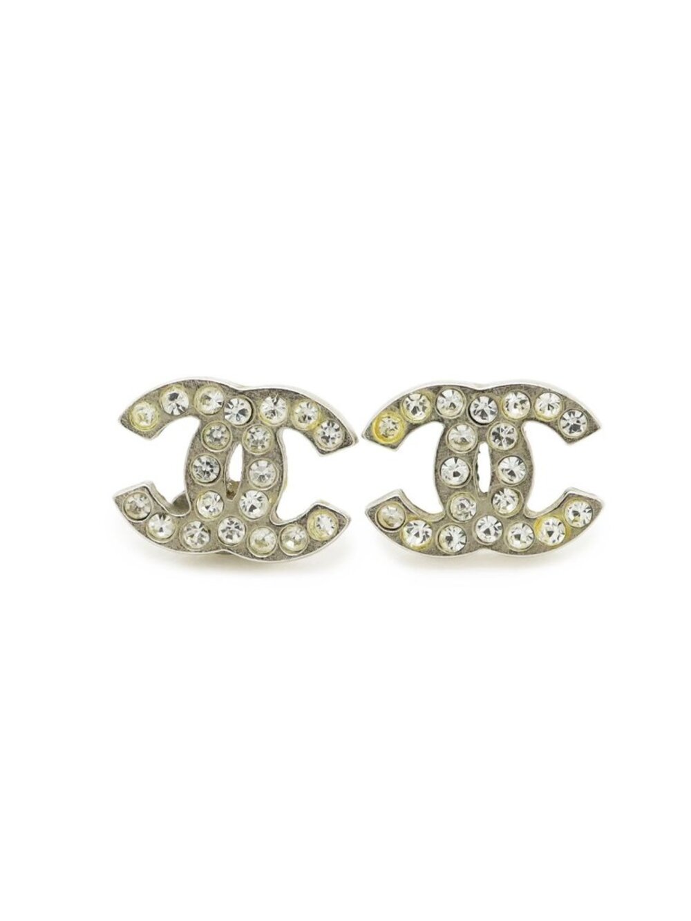 Chanel CC Logo Earrings Rhinestone Metal Silver